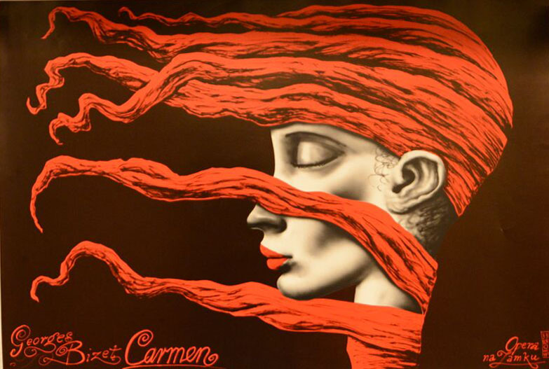 Plakat do opery  "Carmen" G. Bizeta  wystawionej przez Operę Krakowską, projekt Leszek Żebrowski, autor plakatu zapowiadającego 10 Festiwal Polskich Filmów w Austin