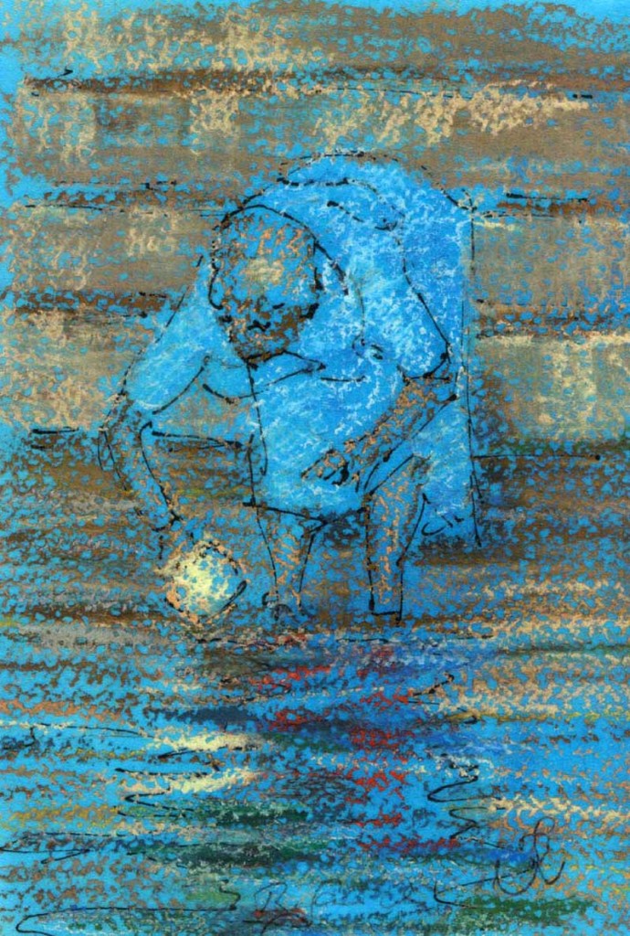 Ryszard Sawicki, India Varanasi, rys, pastel na tle malowanym gwaszem.