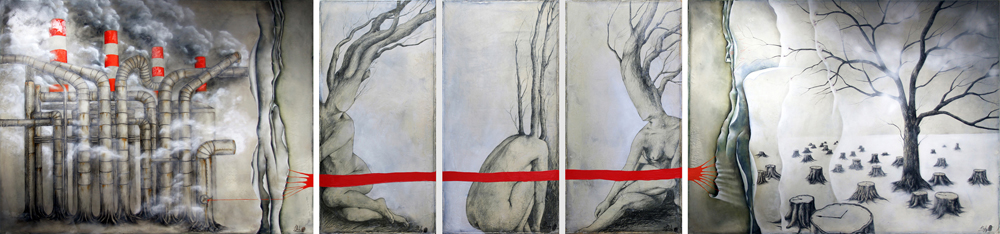 Iwona Dufaj, The Chase - 125" x 30" layers of polished Venetian plaster,pencil and oil on canvas.