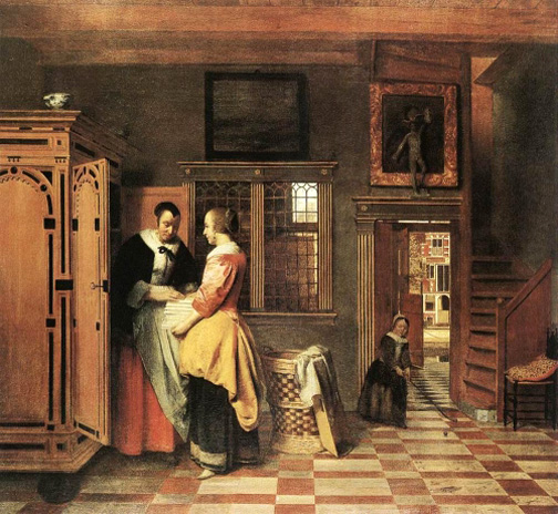 Pieter de Hooch, wnętrze z kobietami przy bieliźniarce, 1663 r.